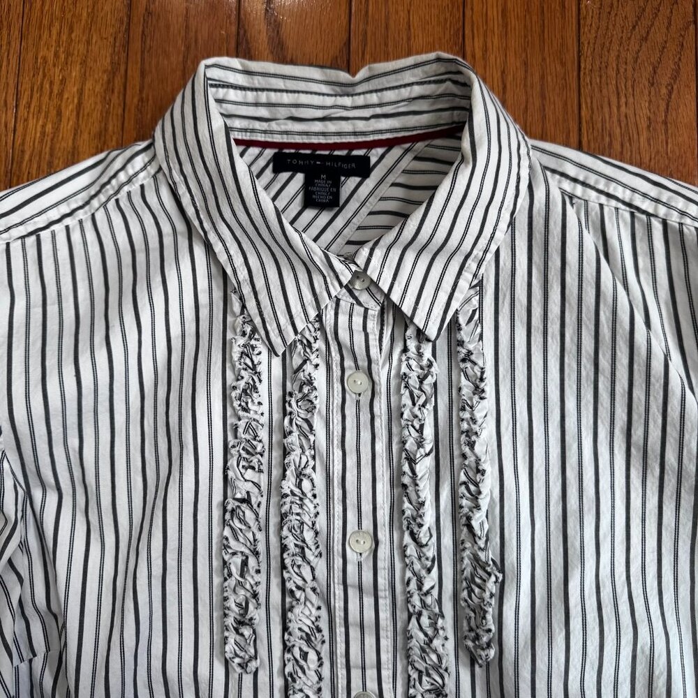 Tommy Hilfiger Grunge Striped Tuxedo Ruffle Long Sleeve Blouse - Womens M